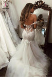 Off the Shoulder Mermaid Wedding Dress with Lace, Long Tulle Bridal Dress with Train KPW0299