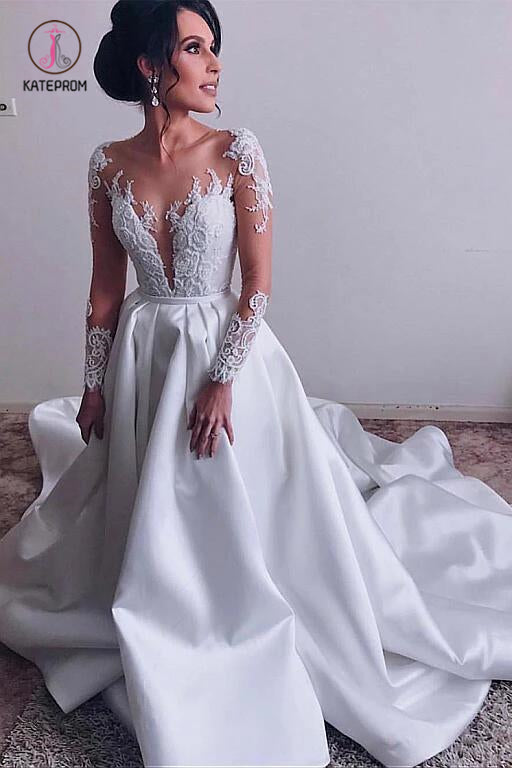 Elegant Satin Sheer Neckline A-line White Wedding Dresses With Lace Appliques KPW0300