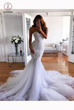 White Mermaid Sweetheart Sweep Train Tulle Lace Appliqued Wedding Dresses KPW0303