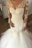Mermaid Wedding Dress with Long Sleeves, V Neck Long Bridal Dress with Lace Appliques KPW0304