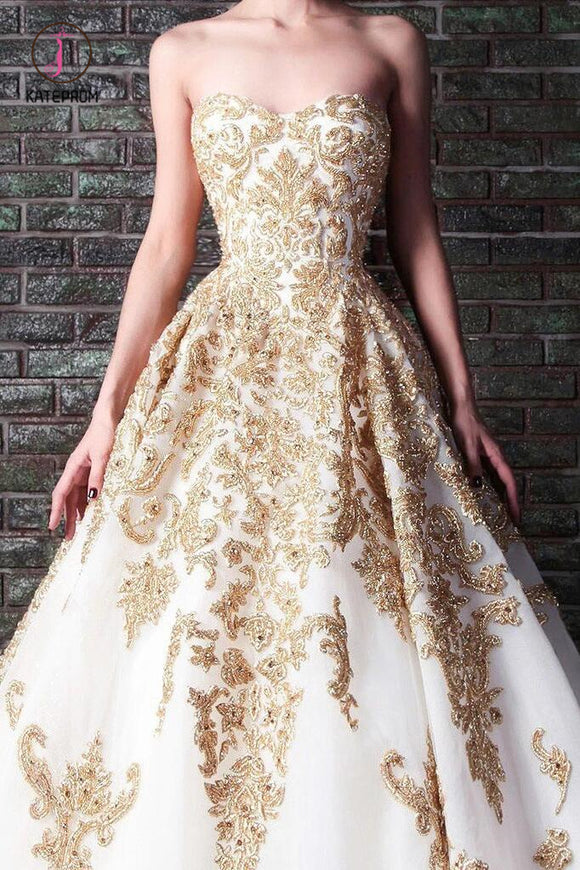 Floor Length Sweetheart Tulle Prom Dress with Gold Beading, Long Wedding Dress KPW0306