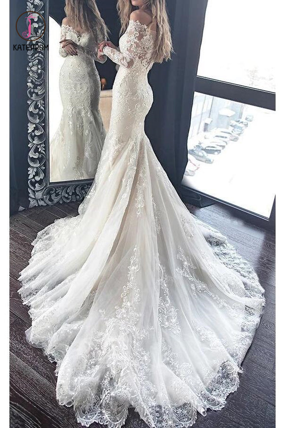 Gorgeous Mermaid Wedding Dress with Long Sleeves, Lace Bridal Dress with Long Train KPW0308