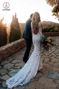 Long Sleeve Lace Wedding Dress, V Neck Boho Wedding Dresses, Beach Wedding Gown KPW0310