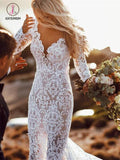 Long Sleeve Lace Wedding Dress, V Neck Boho Wedding Dresses, Beach Wedding Gown KPW0310