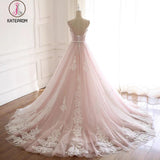Pink Straps Tulle Prom Dress with Lace Appliques, A Line Cheap Formal Dresses KPW0311