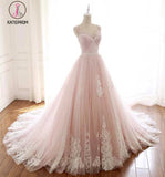 Pink Straps Tulle Prom Dress with Lace Appliques, A Line Cheap Formal Dresses KPW0311