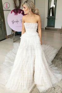 A-Line Strapless Tiered Court Train Ivory Tulle Wedding Dress, Beach Wedding Dress KPW0315