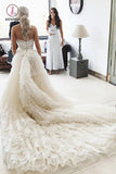 A-Line Strapless Tiered Court Train Ivory Tulle Wedding Dress, Beach Wedding Dress KPW0315