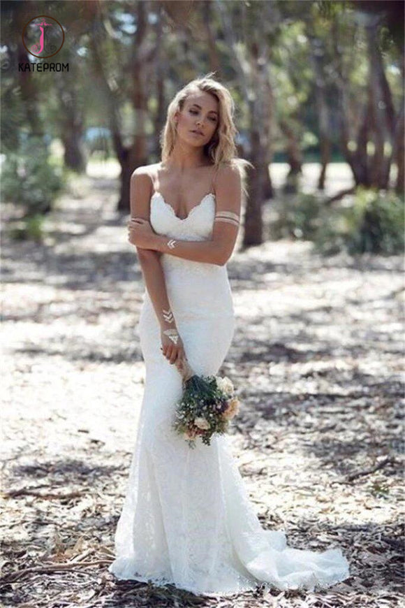Spaghetti Strap Lace Beach Wedding Dress, Backless V Neck Sweep Train Long Bridal Dress KPW0317