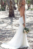 Spaghetti Strap Lace Beach Wedding Dress, Backless V Neck Sweep Train Long Bridal Dress KPW0317