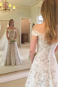 A Line Off the Shoulder Lace Wedding Dress, Long Beach Wedding Dresses KPW0320