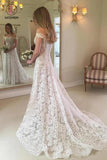A Line Off the Shoulder Lace Wedding Dress, Long Beach Wedding Dresses KPW0320