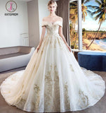 Gorgeous Off the Shoulder Ball Gown Wedding Dress, Long Appliques Bridal Dress KPW0322