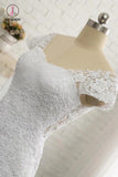 White Lace Appliques Wedding Dress with Short Sleeves, Long Tulle Bridal Dress with Lace KPW0325