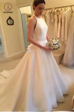 A Line Halter Satin Wedding Dress, Simple Backless Sleeveless Bridal Dress with Bow KPW0326