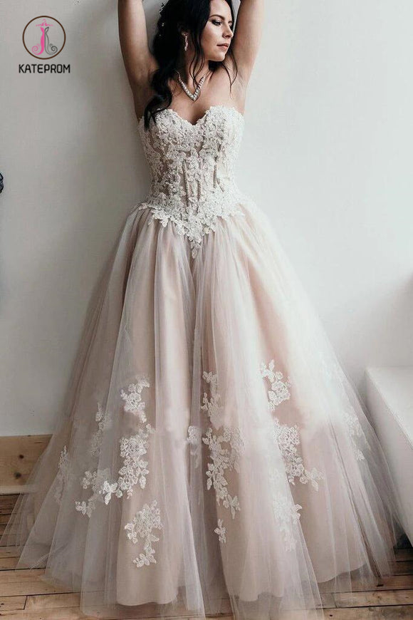 Floor Length Sweetheart Tulle Wedding Dress with Lace Appliques, Long Prom Dress KPW0327