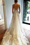 Spaghetti Strap V Neck Beach Wedding Dress with Court Train, Tulle Bridal Dress with Lace KPW0328