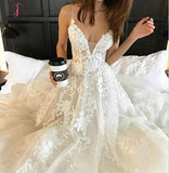 Spaghetti Strap V Neck Beach Wedding Dress with Court Train, Tulle Bridal Dress with Lace KPW0328