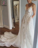 Spaghetti Strap V Neck Beach Wedding Dress with Court Train, Tulle Bridal Dress with Lace KPW0328