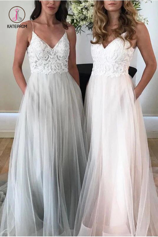 Spaghetti Strap Beach Wedding Dress, V Neck Tulle Long Prom Dress with Lace KPW0331