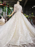 Gorgeous Lace Wedding Dress with Half Sleeves, Ball Gown Long Wedding Dresses KPW0330