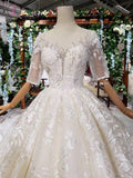 Gorgeous Lace Wedding Dress with Half Sleeves, Ball Gown Long Wedding Dresses KPW0330