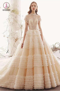 Unique High Neck Wedding Dress, Princess Short Sleeves Lace Tulle Wedding Gown KPW0333