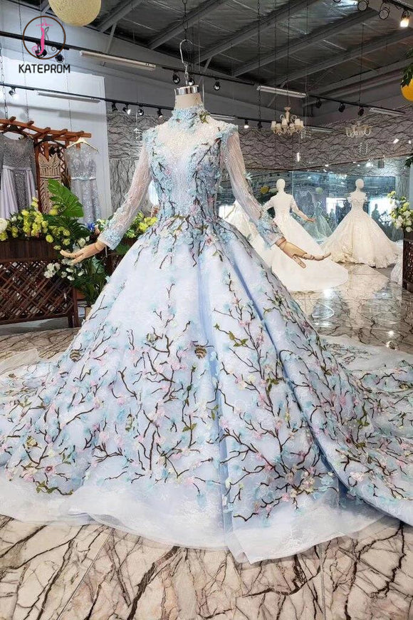 Light Blue Ball Gown Wedding Dresses with Lace Flowers, Beading Quinceanera Dresses KPW0334