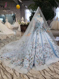 Light Blue Ball Gown Wedding Dresses with Lace Flowers, Beading Quinceanera Dresses KPW0334
