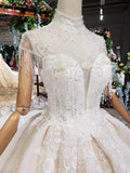 Off White High Neck Ball Gown Wedding Dresses, Open Back Beaded Bridal Dresses KPW0337