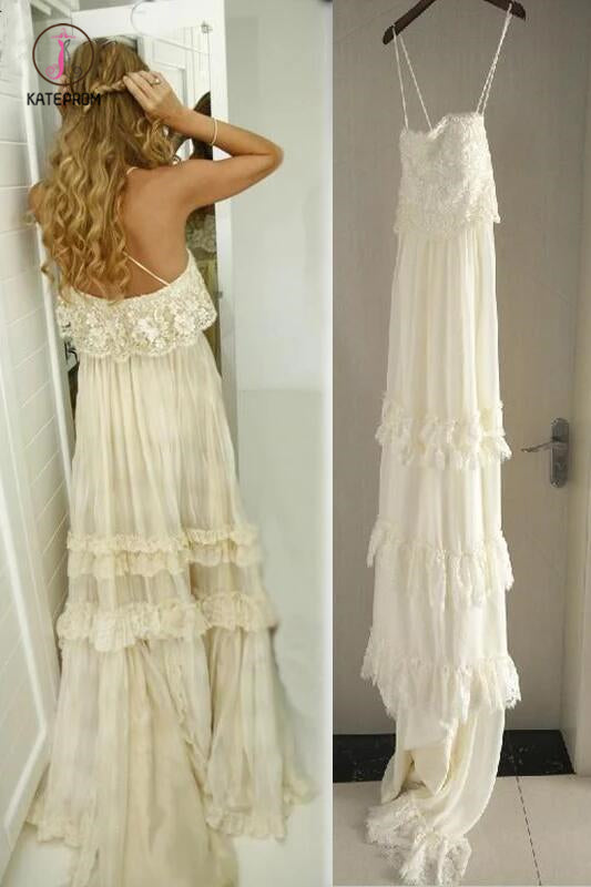 Vintage Hippie Style Boho Beach Wedding Dresses Spaghetti Straps Tiered Lace Chiffon Dress KPW0338
