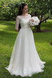 Lace Bodice Wedding Dresses with Half Sleeves, A Line Tulle Cheap Bridal Gowns KPW0339