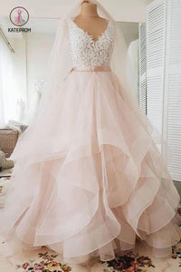 Blush Pink Lace Wedding Dresses Multi-Layered Wedding Gowns with Ribbon KPW0340
