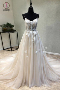 A-line Spaghetti Strap Simple Wedding Dresses with Appliques, Boho Beach Wedding Dress KPW0342