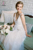Floor Length V Neck Lace Applique Beach Wedding Dress, Puffy Tulle Wedding Gown KPW0344