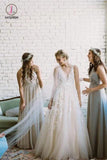 Floor Length V Neck Lace Applique Beach Wedding Dress, Puffy Tulle Wedding Gown KPW0344