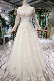 A Line High Neck Wedding Dresses with Flowers, Long Sleeves Bridal Dresses KPW0345