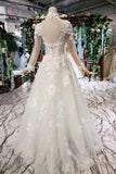 A Line High Neck Wedding Dresses with Flowers, Long Sleeves Bridal Dresses KPW0345