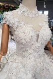 Gorgeous High Neck Ball Gown Lace Wedding Dress, Long Big Wedding Gown with Sequins KPW0346