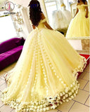 Yellow Ball Gown Quinceanera Dresses 3D Flowers Off Shoulder Sweet 16 Princess Prom Gowns KPW0348