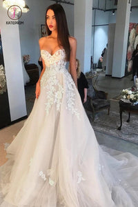 Elegant A Line Sweetheart Tulle Lace Applique Ivory Wedding Dress, Long Prom Dress KPW0350