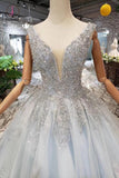 Ball Gown Deep V Neck Sleeveless Tulle Wedding Dress with Beading, Prom Dresses KPW0351