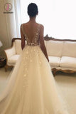 Romantic V Neck Beach Wedding Dress with Lace Appliques, A Line Bridal Dresses KPW0353