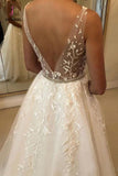Romantic V Neck Beach Wedding Dress with Lace Appliques, A Line Bridal Dresses KPW0353