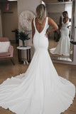 Simple V Neck Mermaid Wedding Dress with Long Train, Sexy Backless Beach Wedding Dress KPW0354