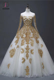 Gold Appliques Puffy Sheer Neck Long Wedding Dresses, Long Sleeves Tulle Bridal Dress KPW0355