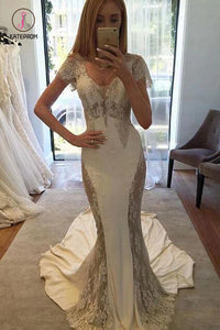 Mermaid Beach Wedding Dress with Short Sleeves, Long Bridal Dress with Lace KPW0357