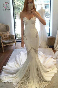 Chapel Train Sweetheart Mermaid Lace Appliques Chiffon Wedding Dress KPW0358