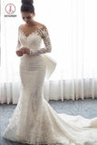 Gorgeous Lace Wedding Dress with Long Sleeves, Bowknot Mermaid Bridal Dresses KPW0359