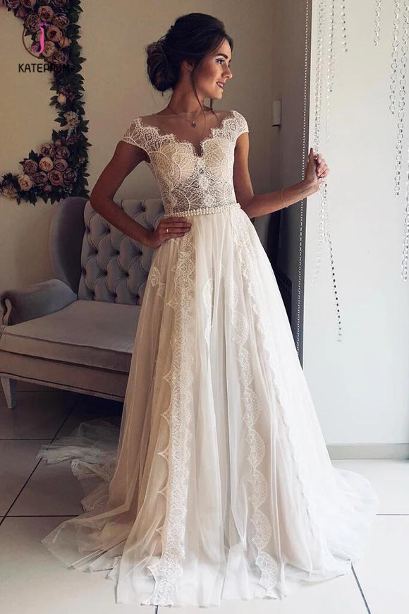 A-Line Scalloped-Edge Lace Wedding Dress with Sheer Back, Ivory Tulle Bridal Dress KPW0360
